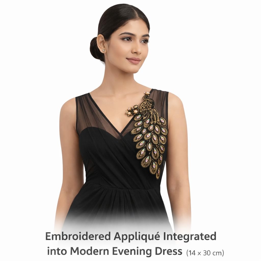 S.A.V.I Gold & Black Peacock Embroidered Sew-On Appliqué Patch 14x30 cm | Zardozi Threadwork with Crystal Stones | Designer Blouse Saree Kurti Gown Decoration (Left, Black & Gold, OneSize)