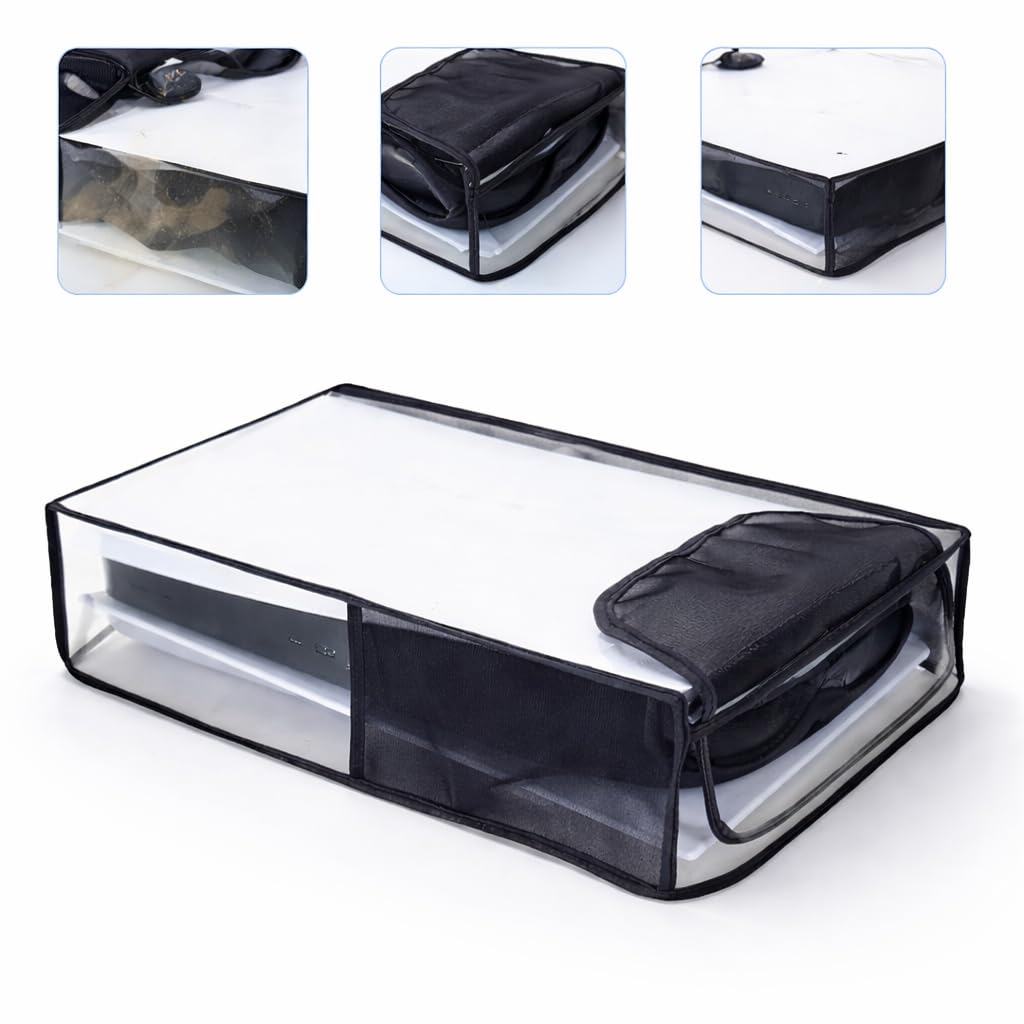 S.A.V.I Dustproof Breathable Cover for PS5 Slim Horizontal Console, Black & Transparent Mesh with TPU Case, Flip-Open Cooling Design, Scratch & Water Resistant Protection (Horizontal)