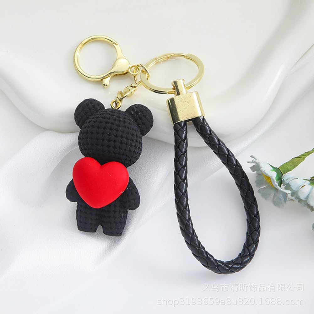 S.A.V.I Cute Black Bear Keychain with Heart Charm | Resin Mini Teddy Pendant 6cm | Braided PU Leather Wrist Strap | Lightweight Gold Key Ring for Girls, Women (Black)