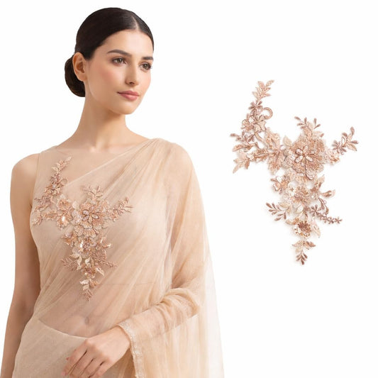 S.A.V.I Light Café Peach Floral Embroidered Applique Patch 29x25 cm, Net Fabric with 3D Sequin & Thread Work, Asymmetrical Sew-On Motif for Blouse Saree Lehenga Gowns (Light Coffee)