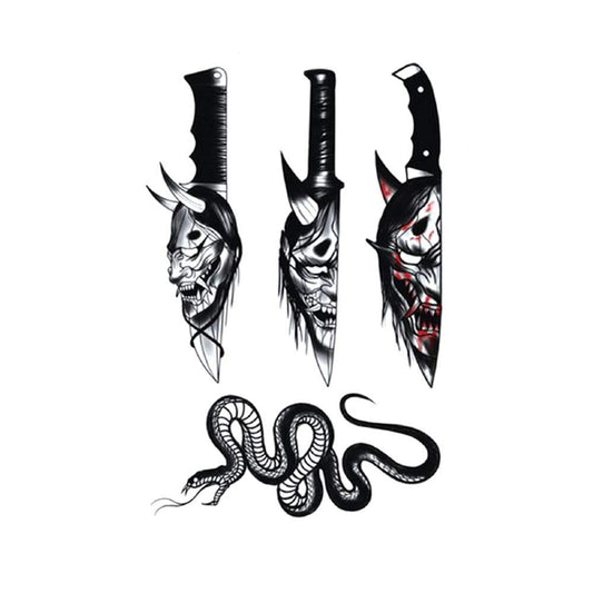 S.A.V.I 3D Temporary Tattoo Black Knife Dagger Devil Snake Design Size 21x15CM - 1PC