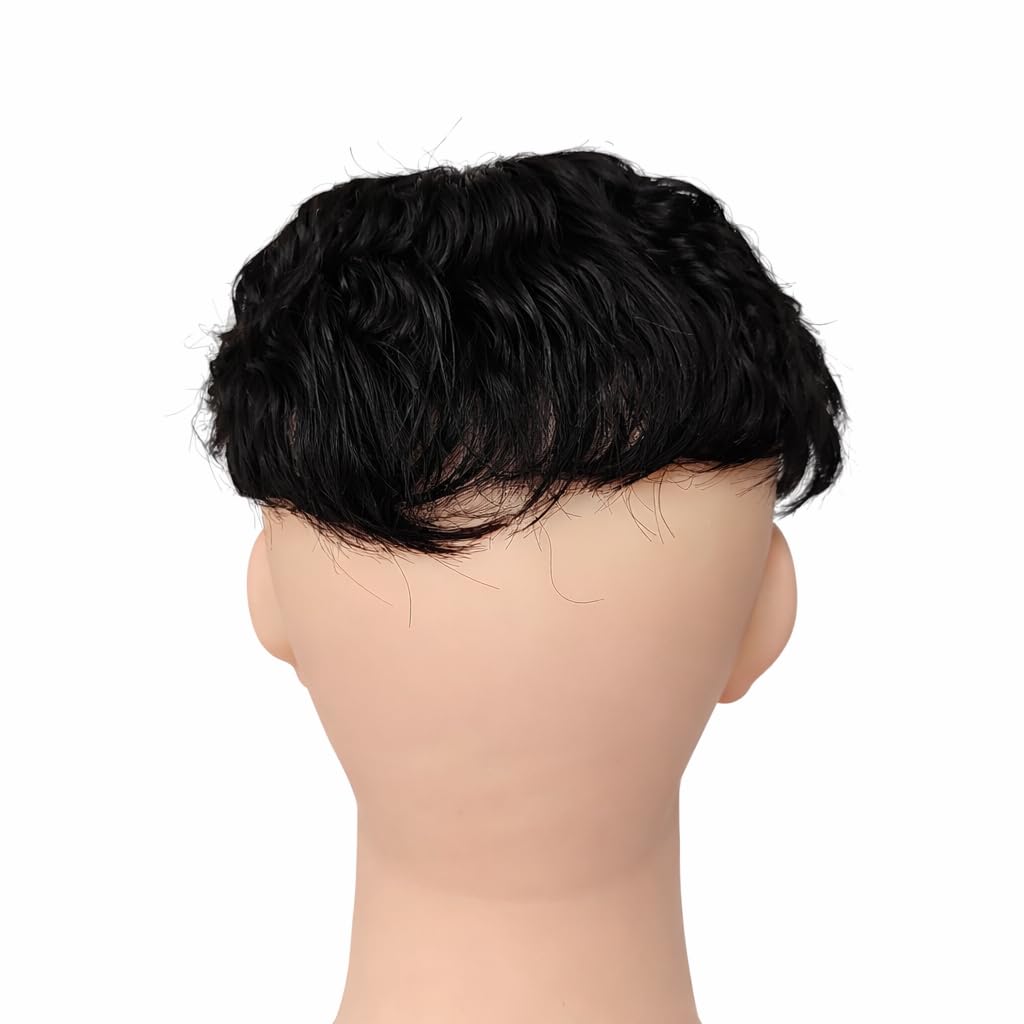 S.A.V.I Black 100% Human Hair Patch for Men – Glossy Wet Look Wavy Texture, Curved Crown Design, Clip-On Topper for Bald Spot Coverage, Breathable Base, Natural Scalp Seamless Fit for Men