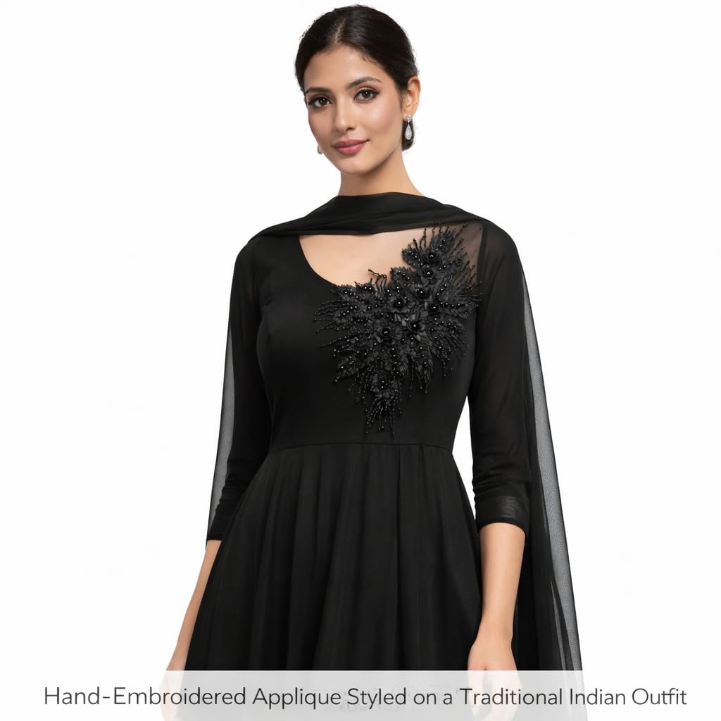 S.A.V.I Black 3D Floral Embroidered Sew-On Applique Patch 38.8 x 29.9 cm Beaded Mesh Lace Motif for Bridal Lehenga Saree Blouse Gown DIY Ethnic Craft (Black)