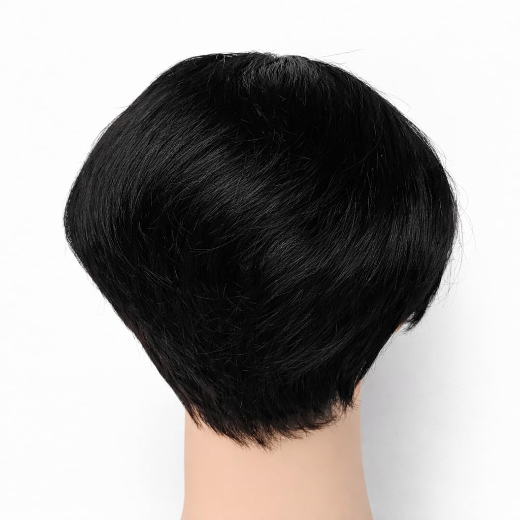 S.A.V.I Black Mid Part Men’s Wig – 100% Human Hair Patch, Natural Straight Layered Cut with Realistic Scalp, Lightweight Breathable Cap, Undetectable Toupee for Men