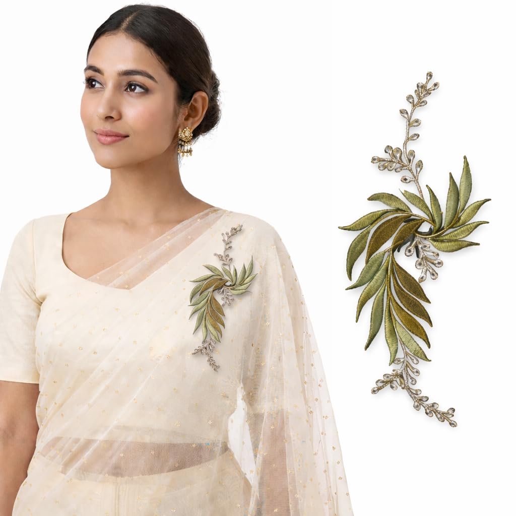 S.A.V.I Green & Silver Floral Iron-On Embroidered Appliqué Patch 7.5 x 17 cm | Leaf Motif Threadwork Design for Dresses, Sarees, Blouses & DIY Fabric Craft (Left, Green, 7.5 x 17 cm)