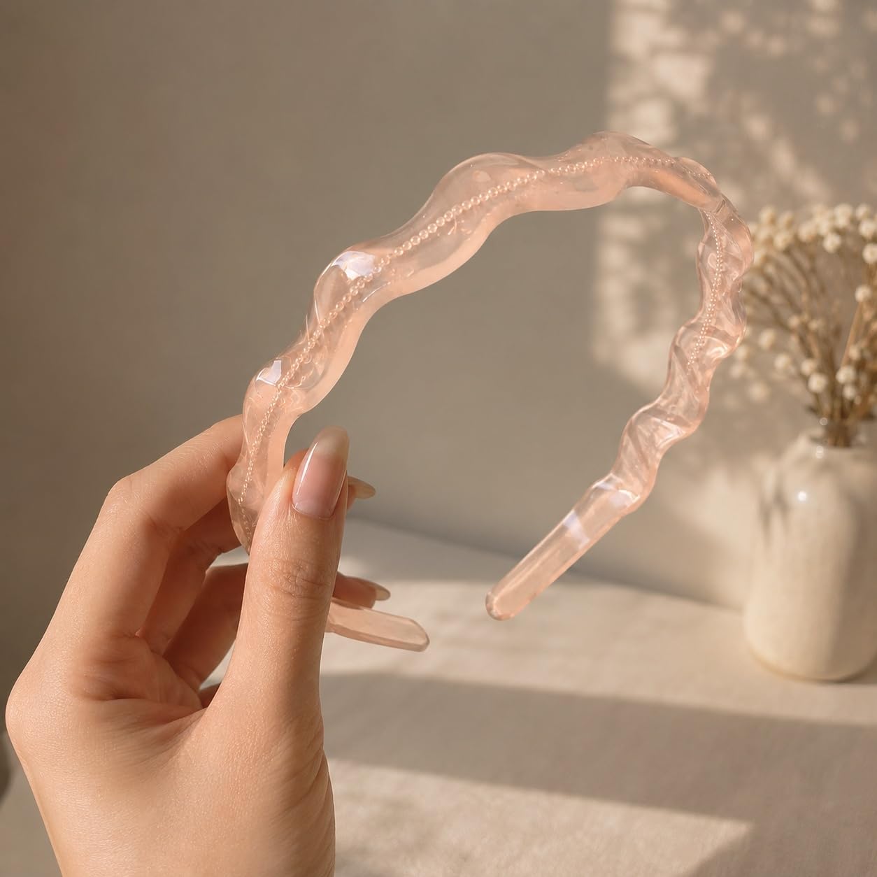 S.A.V.I Resin Wavy Headband for Women & Girls, Blush Peach | Translucent Hair Band, 14 cm, Lightweight, Casual & Formal Styling, Comfortable Fit