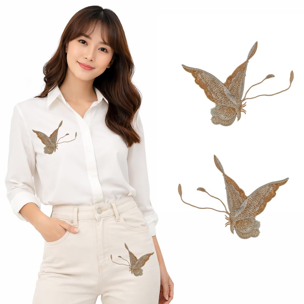 S.A.V.I Khakhi Embroidered Butterfly Applique Patch Pair (Left & Right), Sew-On Fabric Motif 12.5 x 9.3 cm, Thread Work for Dresses, Shirts, Denim & DIY Fashion (Khakhi)