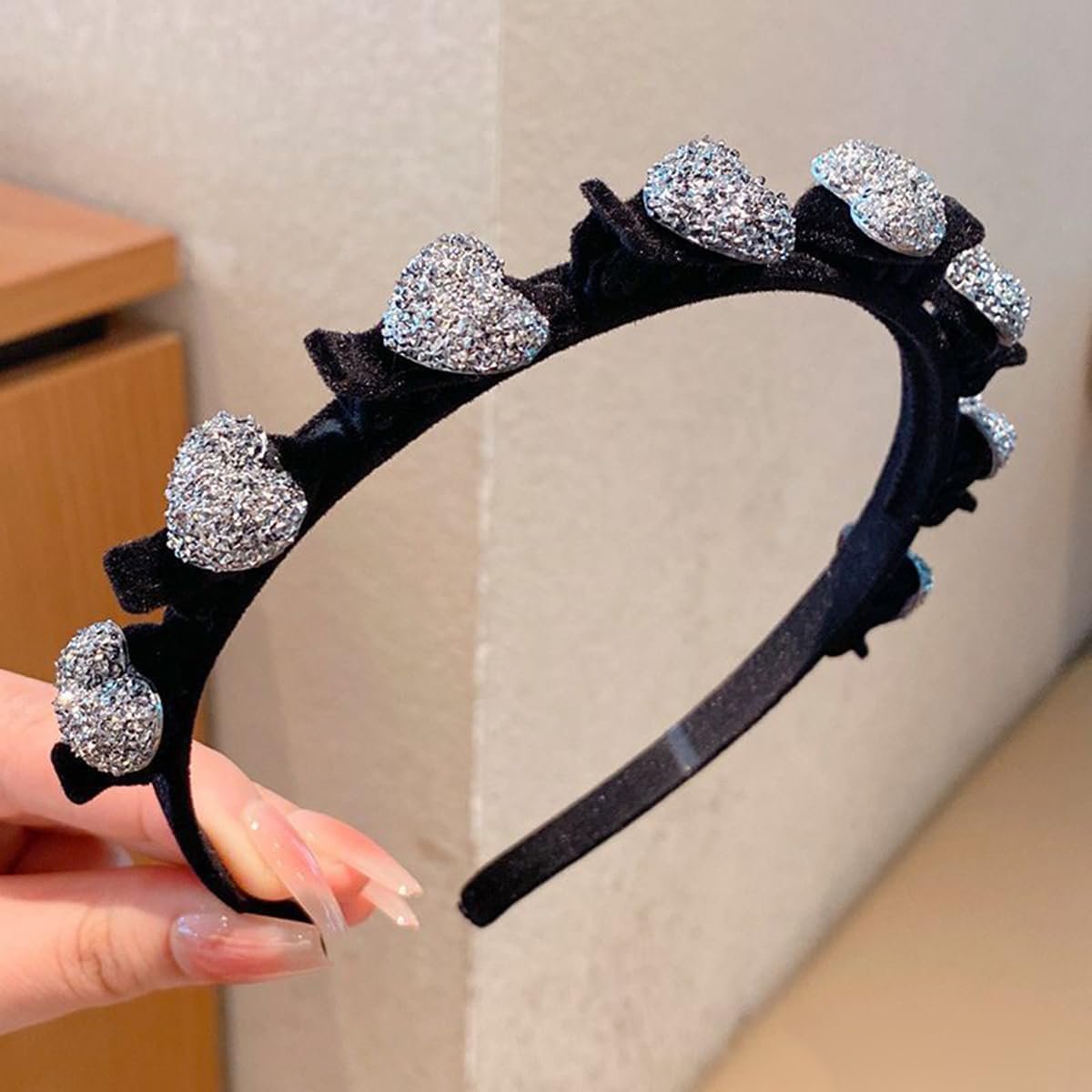S.A.V.I Velvet Korean Style Hairband for Women – Black Headband with Silver Glitter Heart Design | Stylish Party Hair Accessory | Lightweight & Comfortable Fit