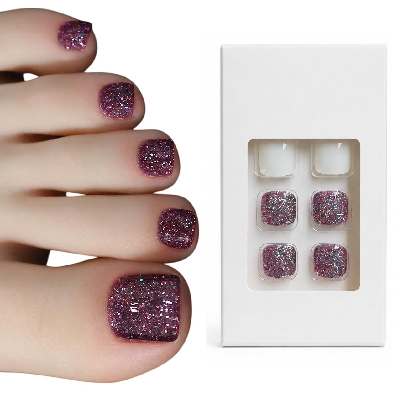 S.A.V.I Press on Toenails 24 Pcs Purple Glitter White Square Tips