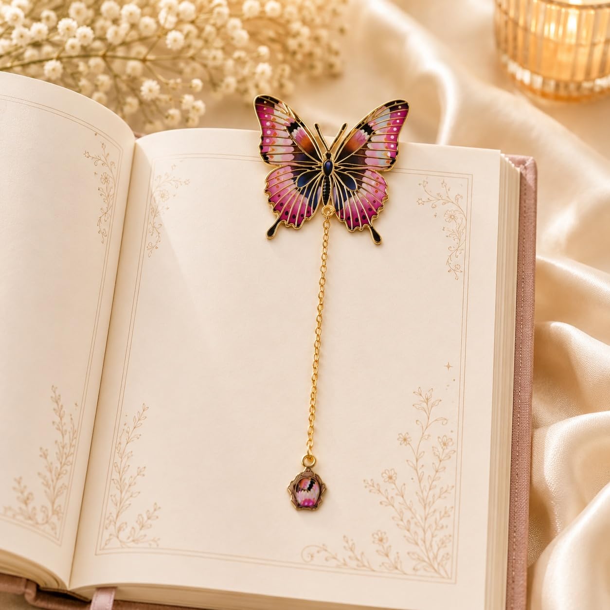 S.A.V.I Butterfly Metal Bookmark Pink & Gold Enamel, 5x14 cm | Colorful Enamel Finish, Gold Chain Tassel, Creative Design, For Women & Students, Reading Accessory
