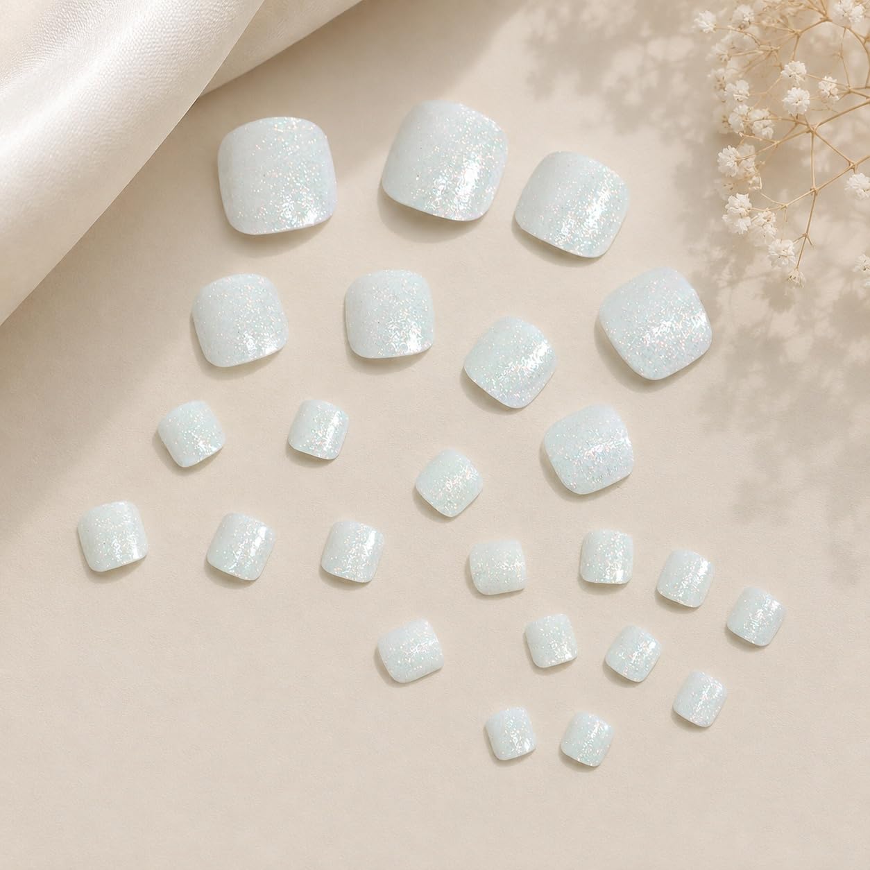 S.A.V.I Press on Toenails Glittery White Short Square 24 Pcs