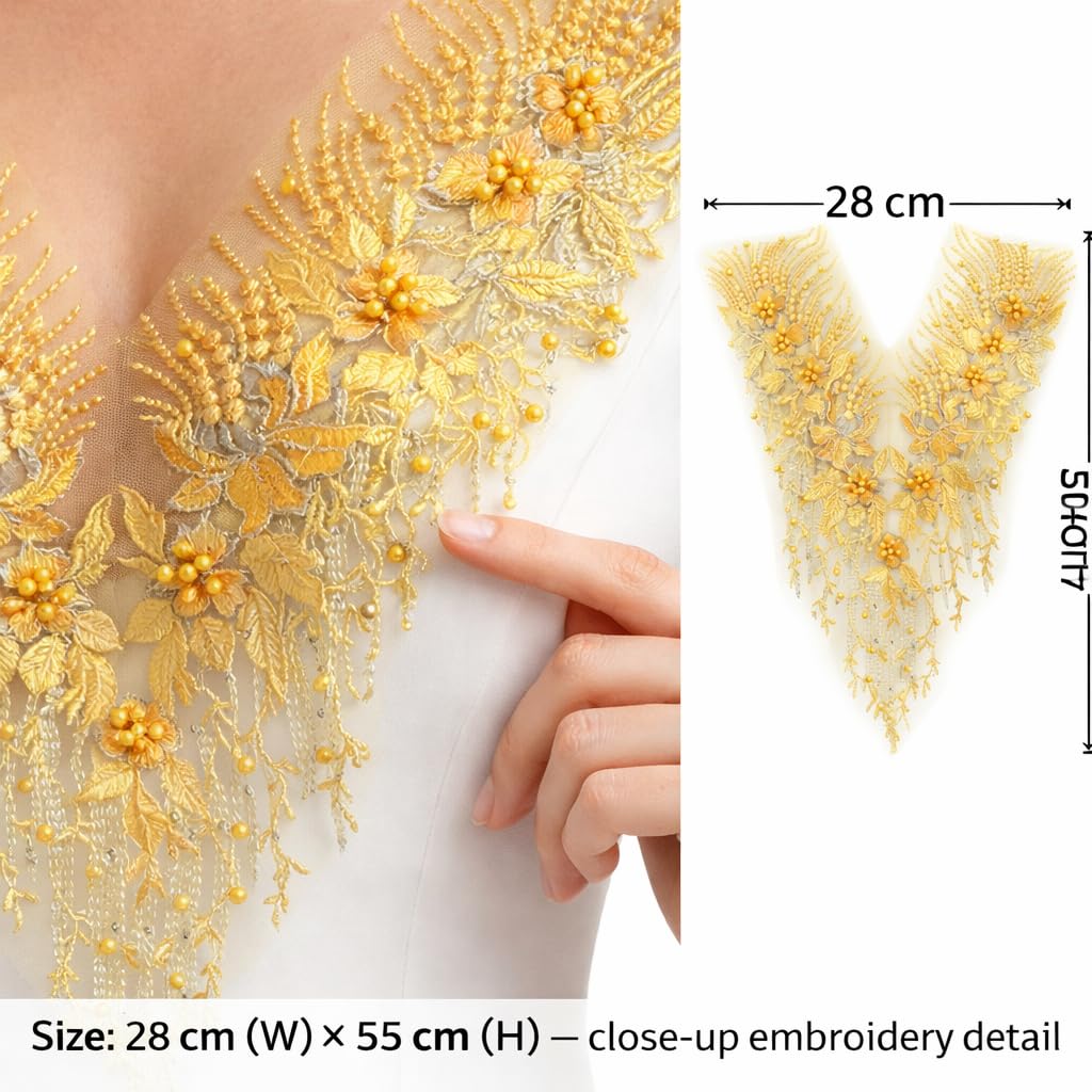 S.A.V.I Golden Yellow Floral Beaded Embroidery Lace Applique Patch 28 x 55 cm | V-Neck Net Mesh Design for Lehenga Choli Blouse, Gown & Designer Ethnic Wear (Yellow)