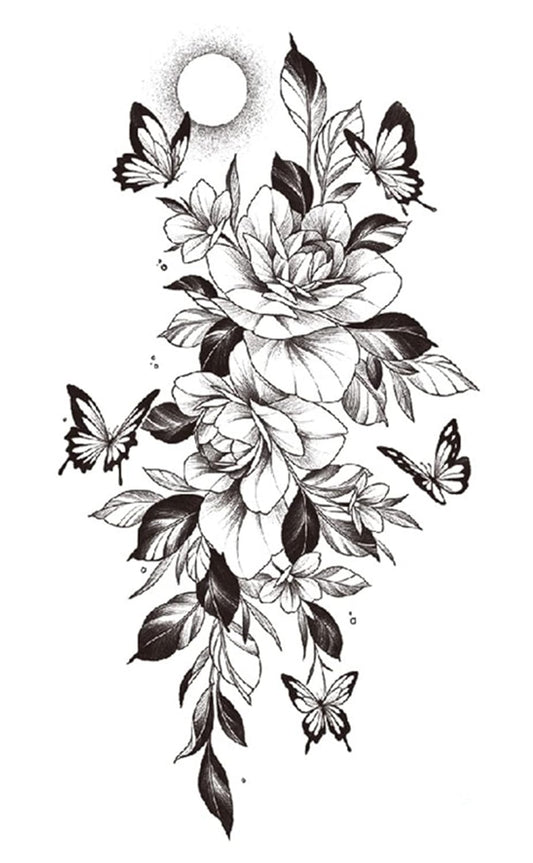 S.A.V.I Temporary Tattoo Stickers, Flowers Butterflies Sun Tattoo Pattern For Men, Women, Tattoo For Hand Arm, Size 21x11cm - 1Pc.