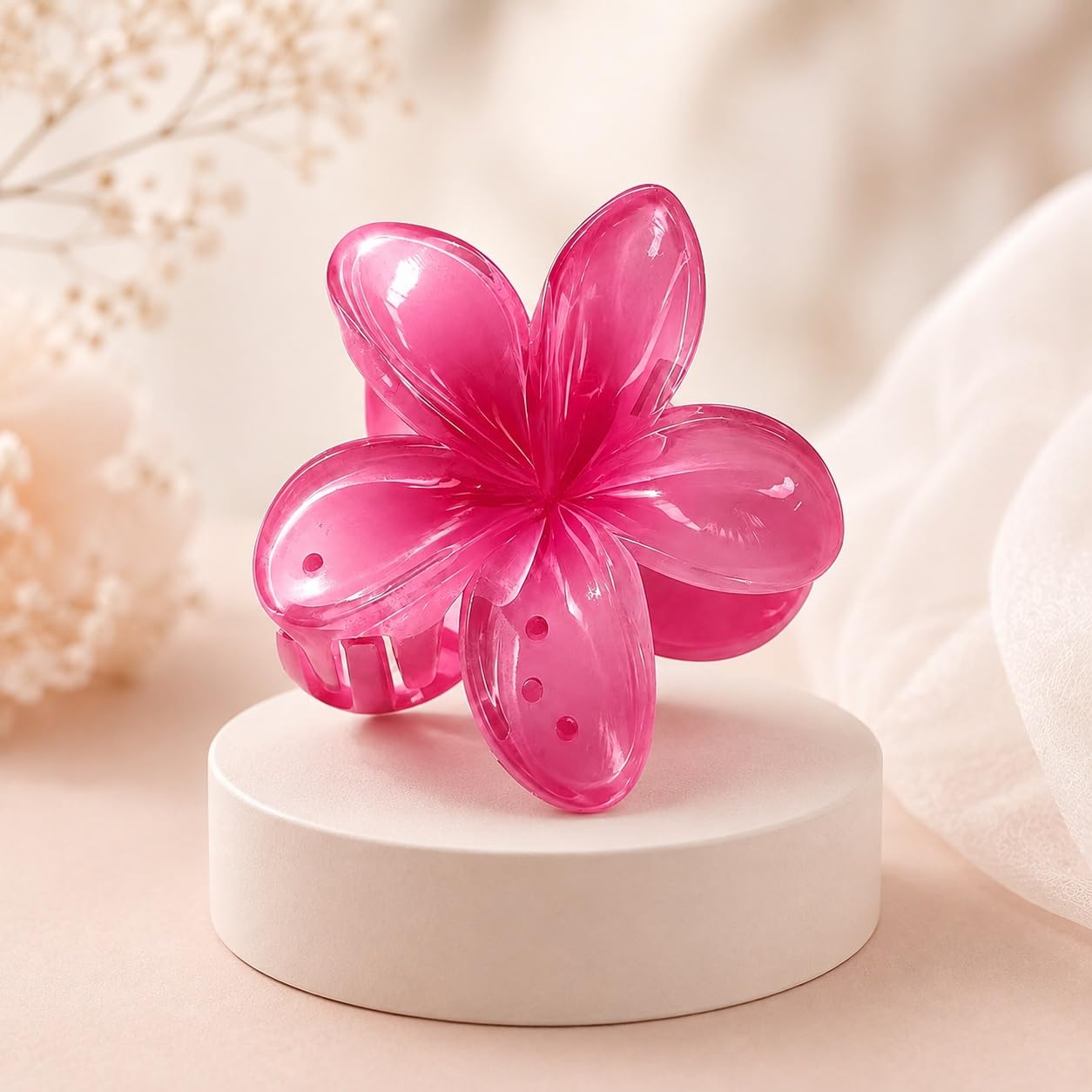 S.A.V.I Pink Floral Hair Claw Clip for Women, Resin, 8 cm | Frangipani Style, Strong Grip, Lightweight, Secure Hold, Casual & Party