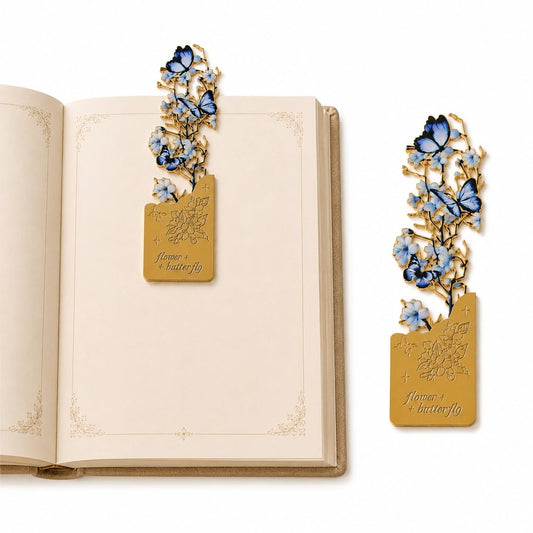 S.A.V.I Metal Bookmark Blue Gold Butterfly Flower Design 10x3 cm | Brass-Tone Finish, Durable Construction, For Students & Teachers, Decorative Cutwork, Reading Accessory