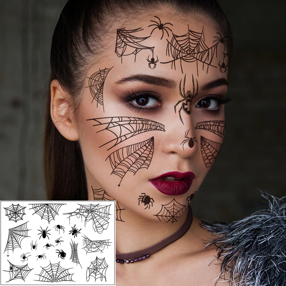 S.A.V.I Spider Web Temporary Tattoo Sticker for Women & Girls | Waterproof Black Halloween Face & Body Tattoo | DIY Makeup Decor Sheet 17 x 12.5 cm, Safe & Non-Toxic