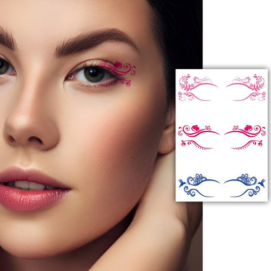 S.A.V.I 3 Pairs Decorative Floral Temporary Tattoo Stickers for Eye Makeup – Elegant Multicolor Designs (Pink, Red, Blue) | Waterproof  Skin-Friendly Eyeliner Art for Women  Girls | Ideal for Parties  Festivals