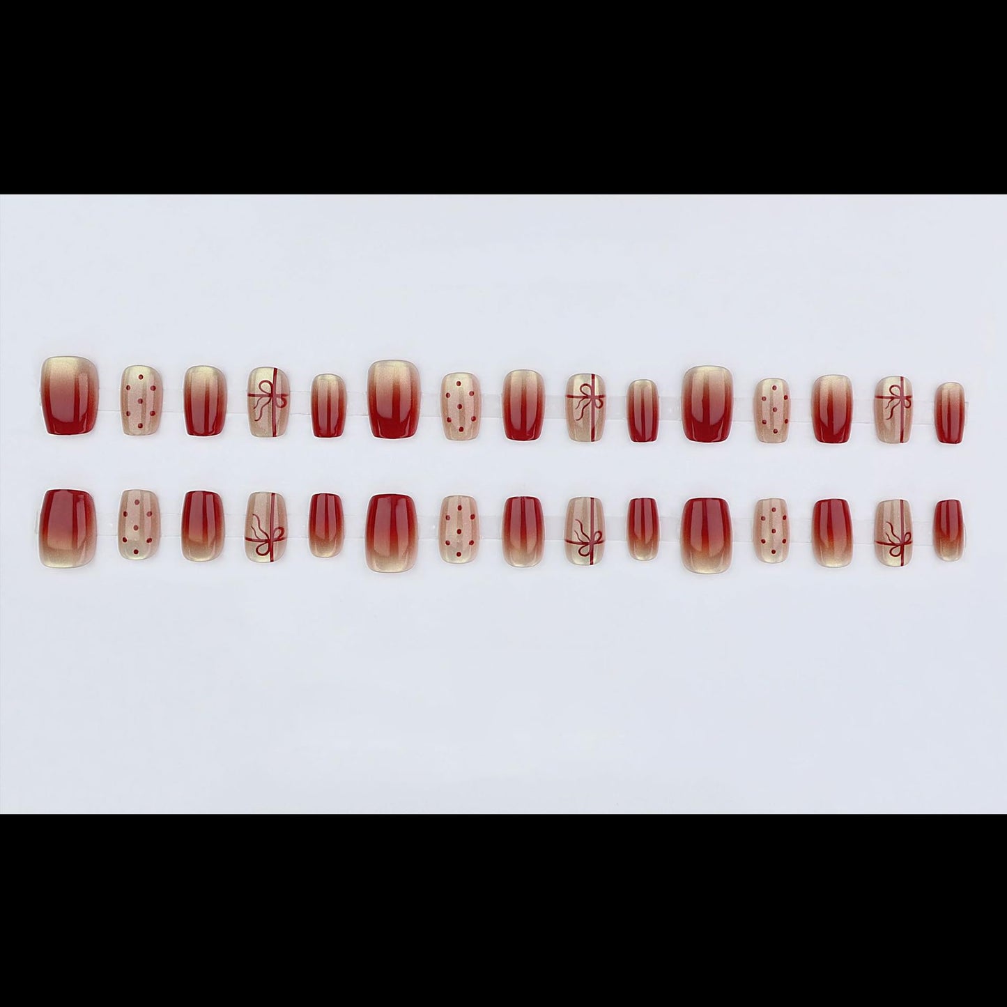 S.A.V.I Press-on Nails Short Cat Eye Red Nude Set of 30 | Bow & Polka Dot Design, Glossy Gradient Finish, Includes Glue & Adhesive, Reusable & Waterproof, DIY Manicure