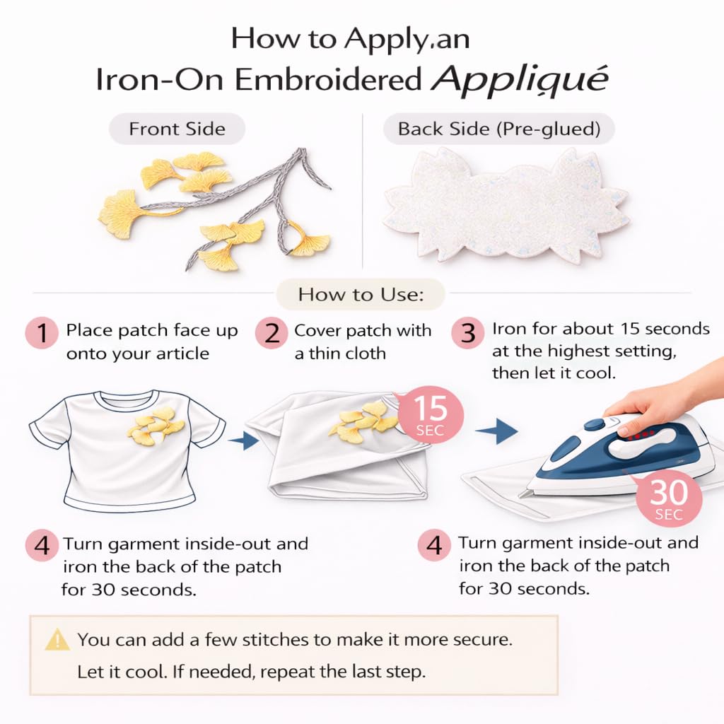 S.A.V.I Iron-On Embroidered Ginkgo Leaf Appliqué Patch Yellow Grey Floral Branch Design Fabric Embroidery 12.7 x 17.9 cm for Dresses Sarees Kurtis DIY Craft (Left)