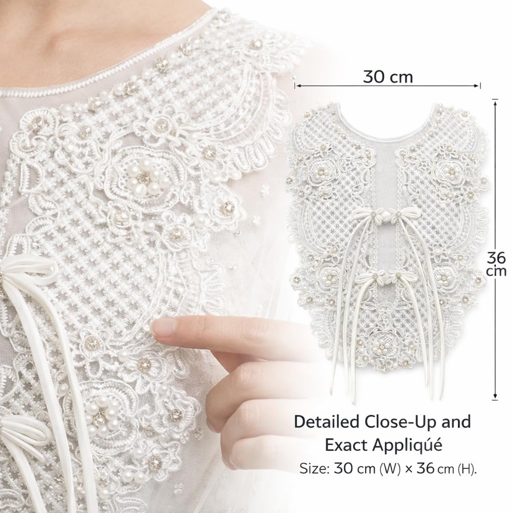 S.A.V.I White Ivory Embroidered Lace Appliqué Neckline Yoke 30x36 cm Pearl Beaded Floral Net Sew-On Patch with Bow Tie for Bridal Anarkali Gown Ethnic Craft (Pearl with Bow Tie)