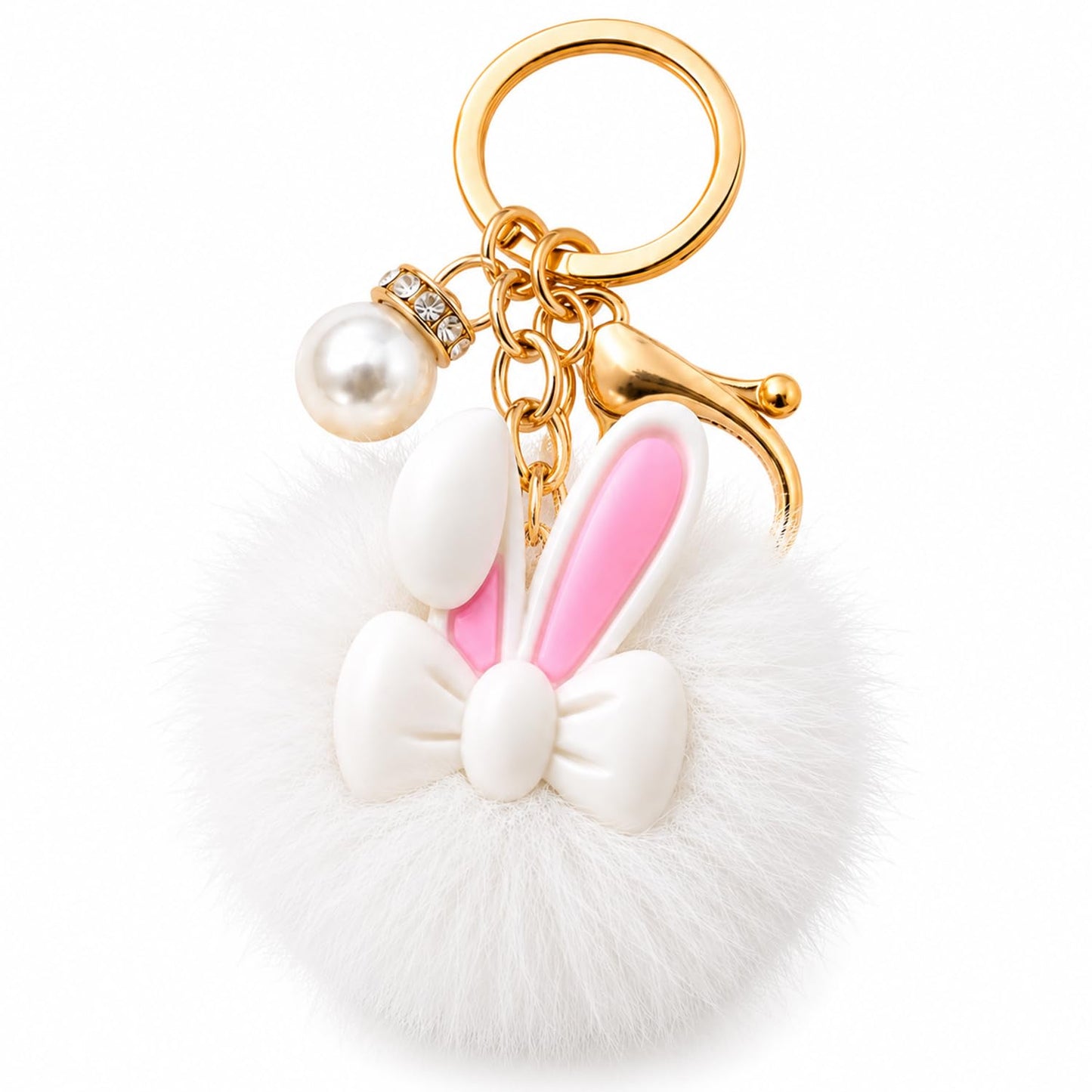 S.A.V.I Bunny Pom Pom Keychain for Women & Girls, Faux Fur Bag Charm, White, Soft Plush Finish, 13 cm Cute Rabbit Pendant with Pearl Accent, Gold-Tone Clasp for Handbags, Backpacks, Keys & Gifts