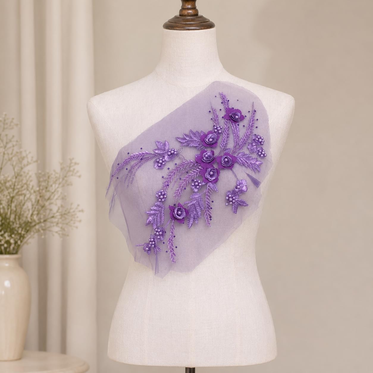 S.A.V.I Purple Floral Embroidery Patch 3D Pearl Sew-On Applique|34x25 cm Net Fabric Lace Motif for Saree, Kurti, Blouse, Gown & DIY Dress Customization, Elegant Craft Embellishment