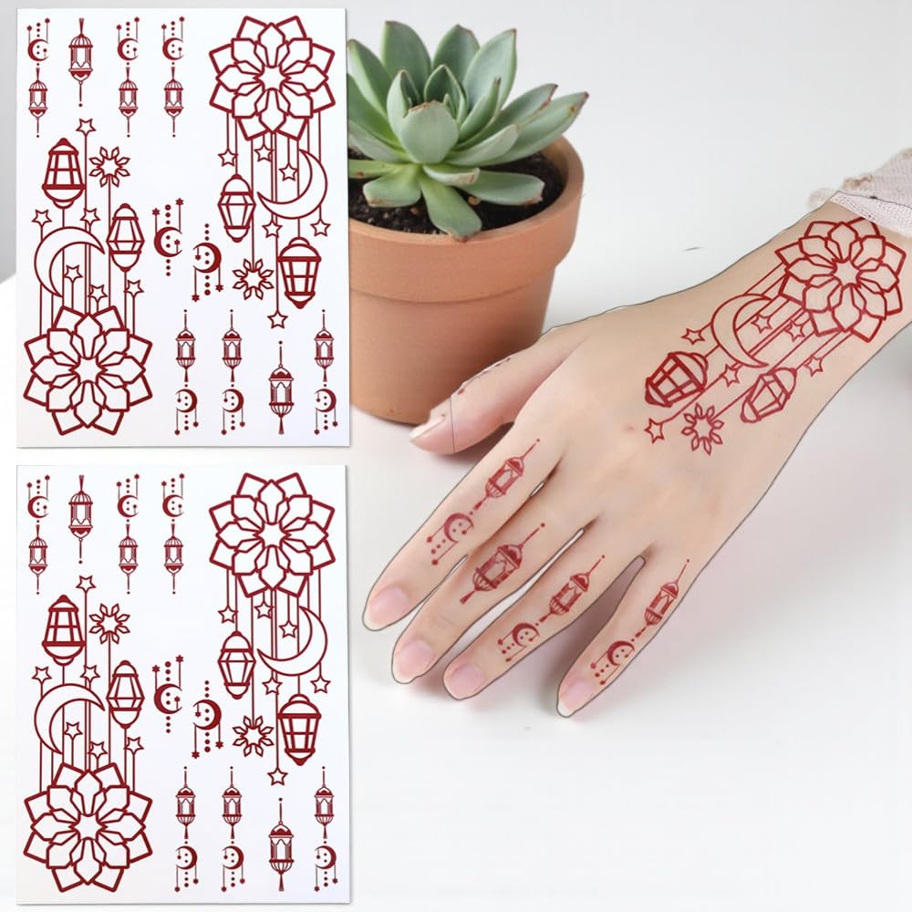 S.A.V.I 2Pcs Natural Islamic Henna Mehndi Temporary Tattoo Stickers for Women – Crescent Moon, Mosque & Mandala Design, Waterproof Skin-Safe Transfer Body Art for Eid, Nikah & Festivals (#56)