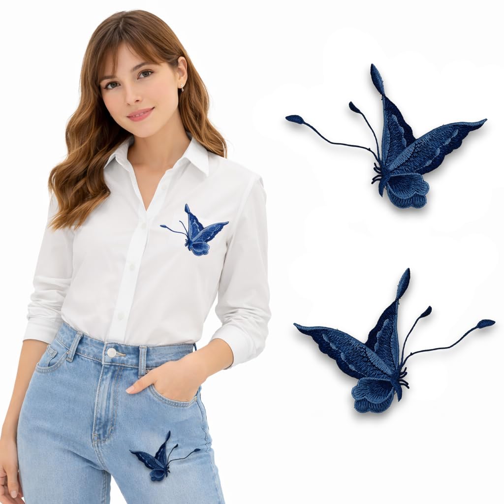 S.A.V.I Blue Embroidered Butterfly Applique Patch Pair (Left & Right), Sew-On Fabric Motif 12.5 x 9.3 cm, Thread Work for Dresses, Shirts, Denim & DIY Fashion (Blue)