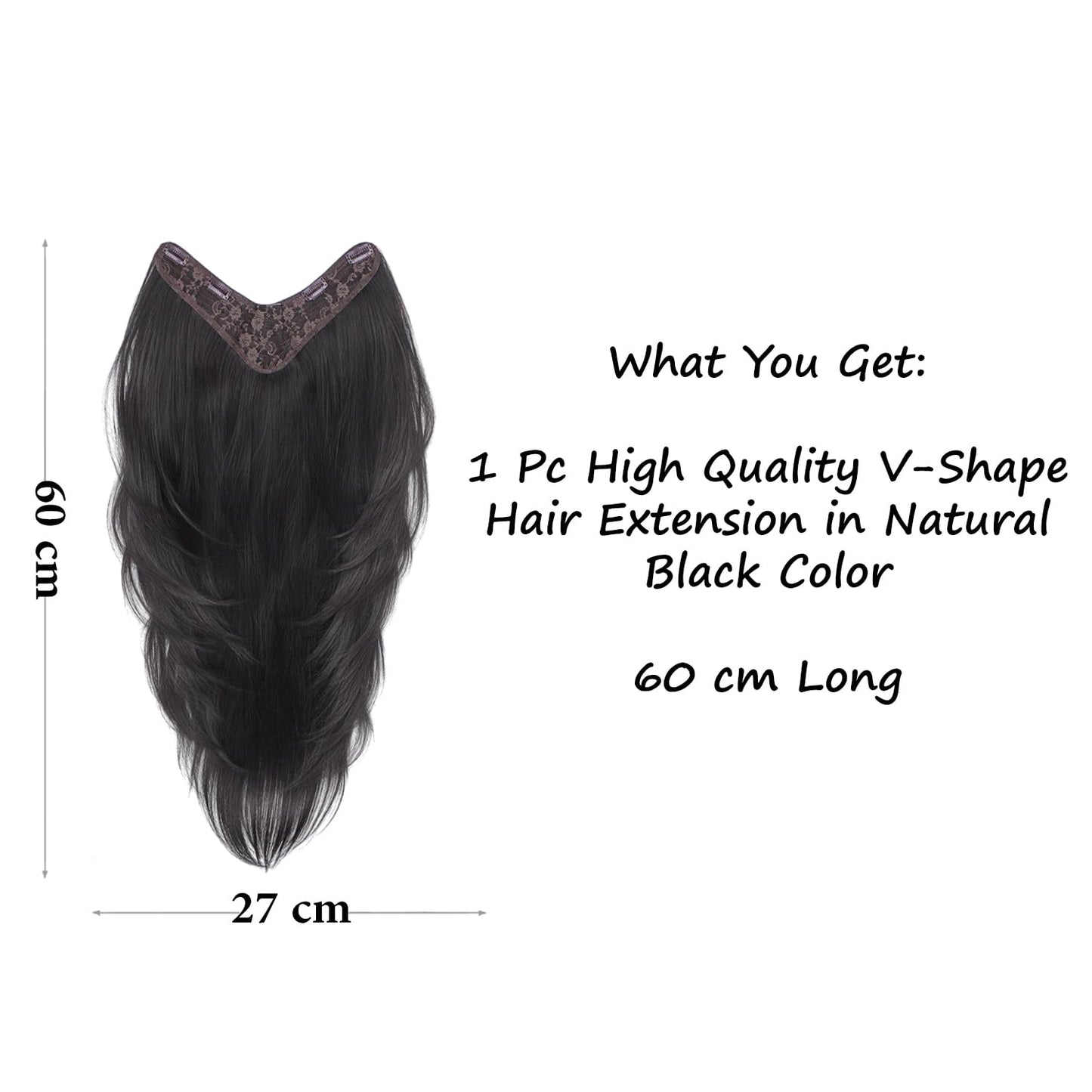 S.A.V.I Natural Black U-Part Hair Extension 60 cm Long, V-Shape Clip-In Crown Topper for Women, Heat-Resistant Synthetic Fiber Hairpiece with Secure Grip Clips, Long Wavy Voluminous Hair