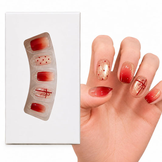 S.A.V.I Press-on Nails Short Cat Eye Red Nude Set of 30 | Bow & Polka Dot Design, Glossy Gradient Finish, Includes Glue & Adhesive, Reusable & Waterproof, DIY Manicure