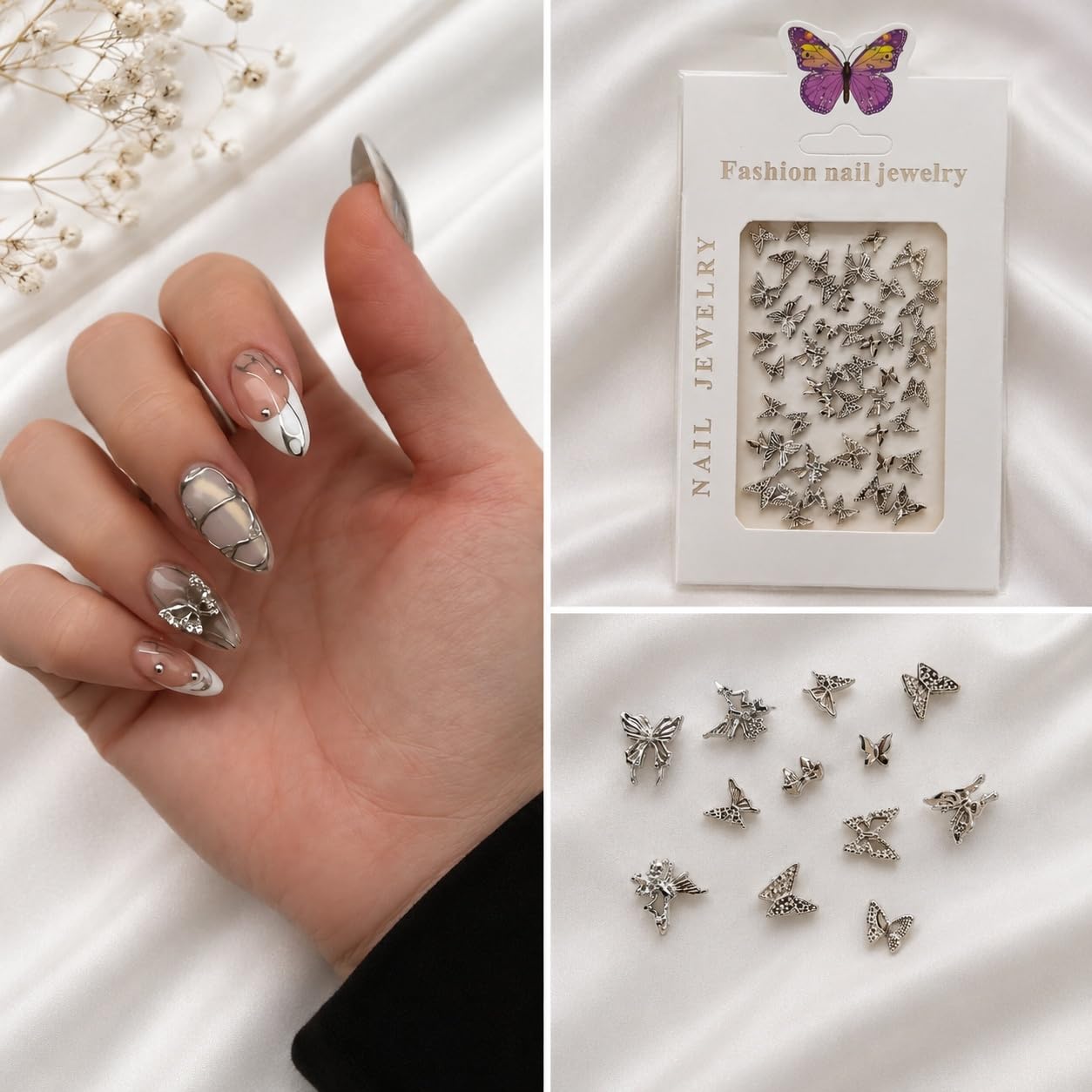 S.A.V.I 45Pcs Alloy Nail Charms Butterfly Bow Silver 3D | Mixed Shapes, Gel & Acrylic Designs, Durable Metal, Salon & Home DIY, Manicure Embellishments
