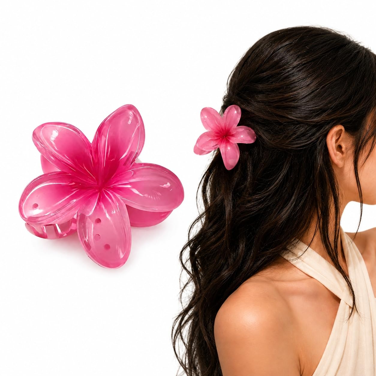 S.A.V.I Pink Floral Hair Claw Clip for Women, Resin, 8 cm | Frangipani Style, Strong Grip, Lightweight, Secure Hold, Casual & Party
