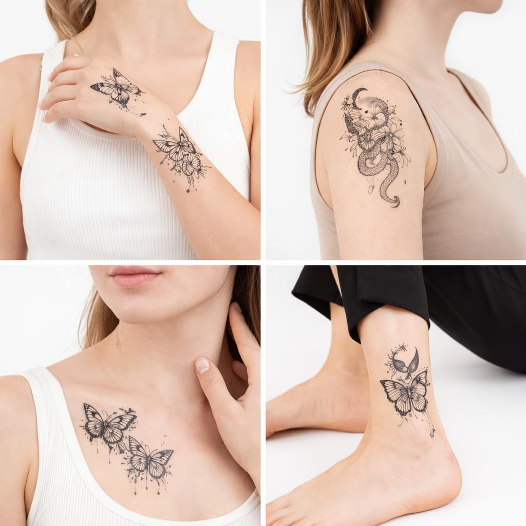 S.A.V.I Black Butterfly & Moon Temporary Tattoos for Women & Girls, Floral Snake Fine Line Fake Tattoo Stickers, Waterproof Non-Toxic Body Art for Arm Neck Ankle, 10 Sheets 6.8x12 cm (#323)