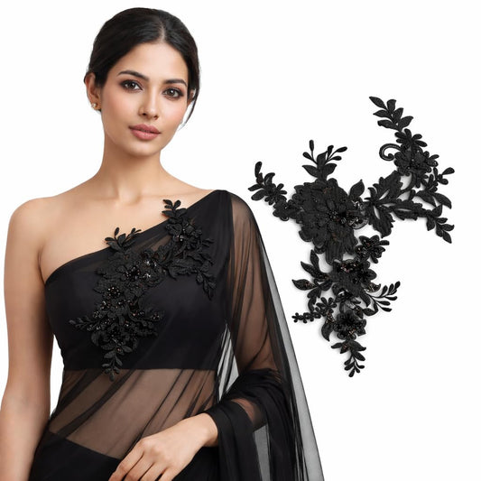 S.A.V.I Black Floral Embroidered Appliqué Patch 25x29 cm | Net Fabric 3D Flower Sequins Motif | Sew-On Design for Saree, Blouse, Gown & Kurtis (Black)
