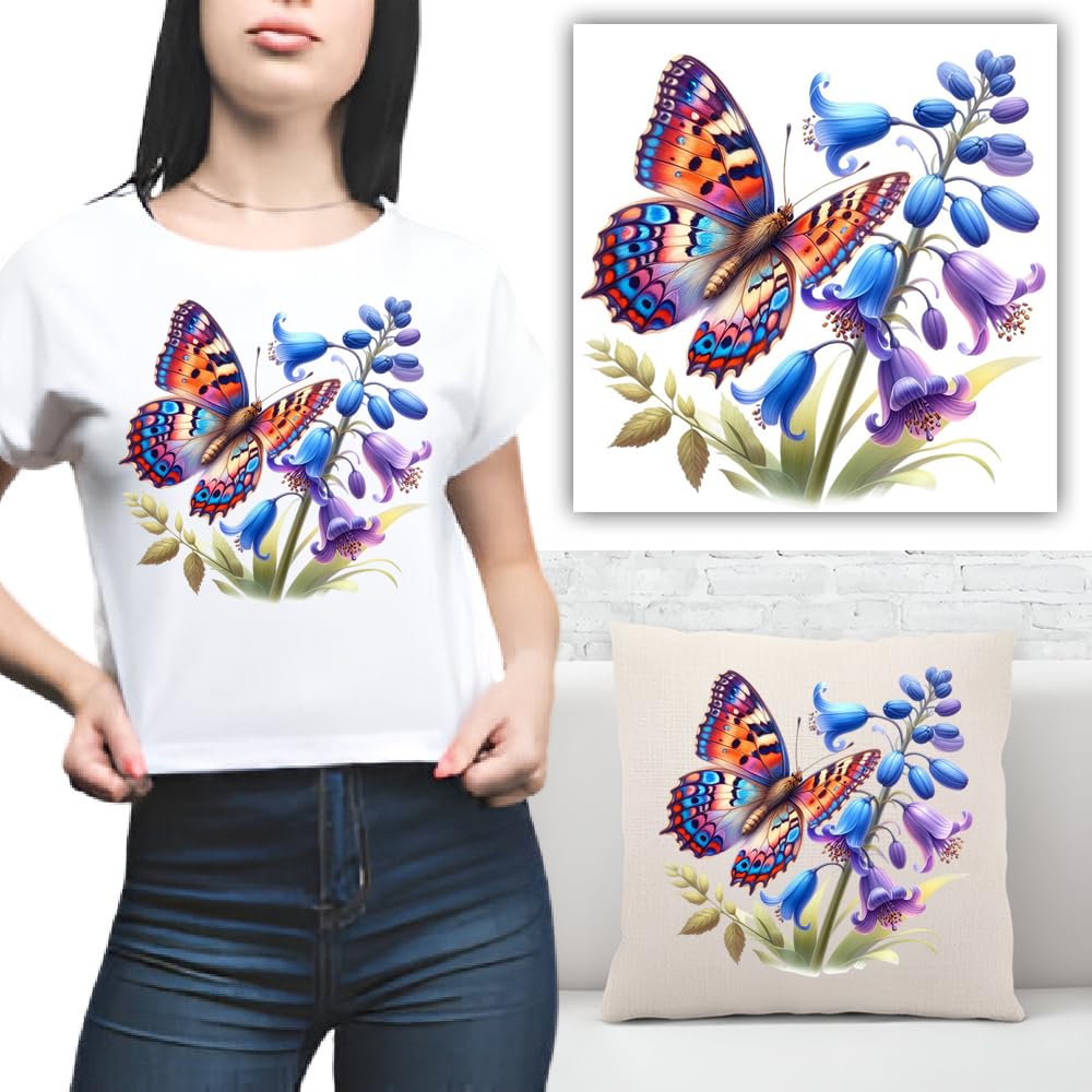 S.A.V.I 1PC Butterfly  Floral Heat Transfer Patch | DIY Iron-On Applique for T-Shirts, Hoodies, Jeans, Backpacks  Pillows | Washable, Vibrant 8.5x7.5 Inch Sticker | Easy Fabric Decoration
