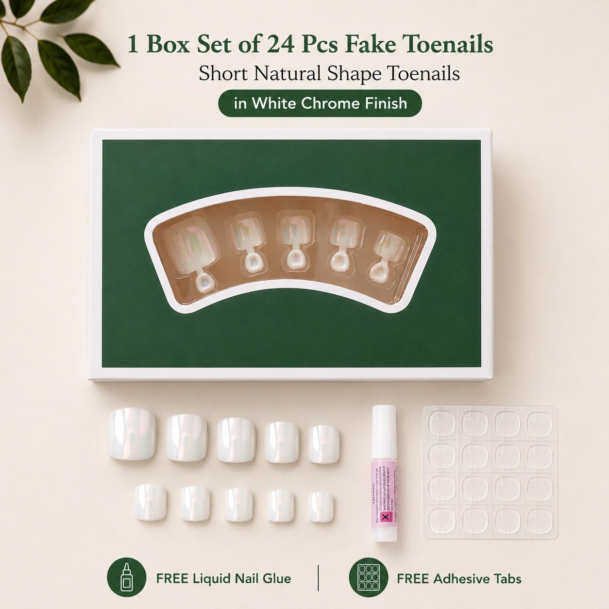 S.A.V.I White Chrome Press on Toenails 24 Pcs Short Square | Reusable Glossy Pedicure Tips with Glue & Adhesive Tabs, Natural Fit for Women, Easy DIY Salon Finish