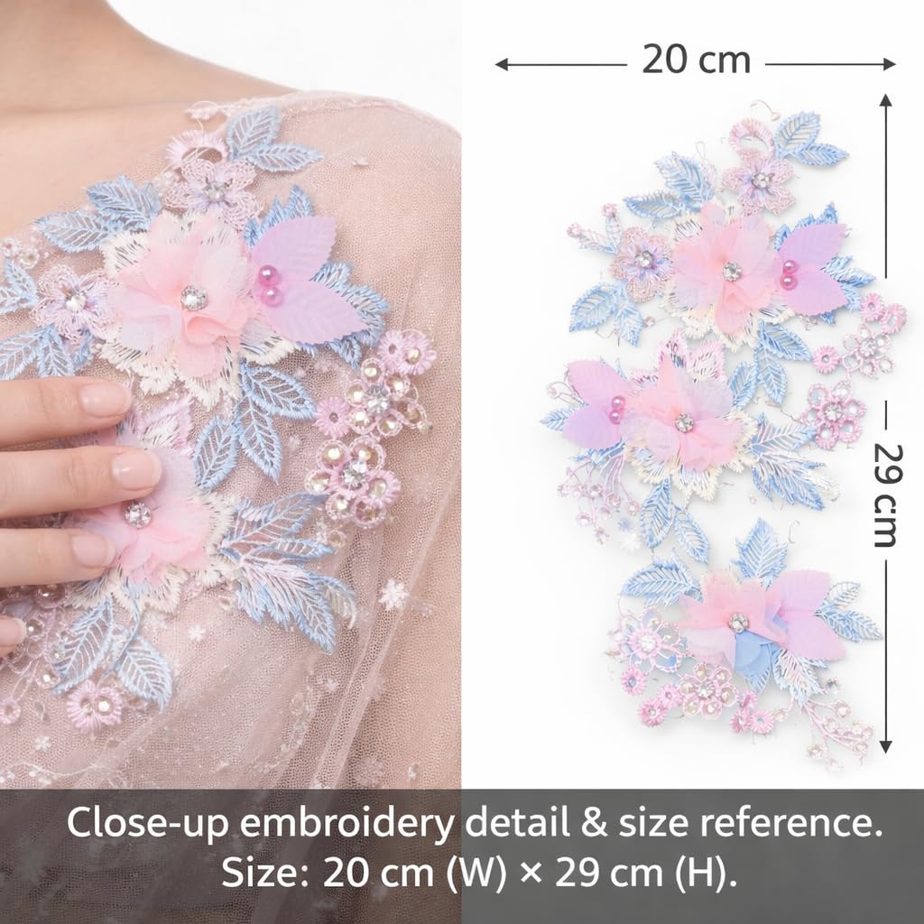 S.A.V.I Pastel Floral Embroidered Sew-On Appliqué Patch 20 x 29 cm, 3D Organza Flowers with Beads & Pearl Work, Leaf Design for Blouse, Gown, Saree, Kurti & DIY Craft (Left)