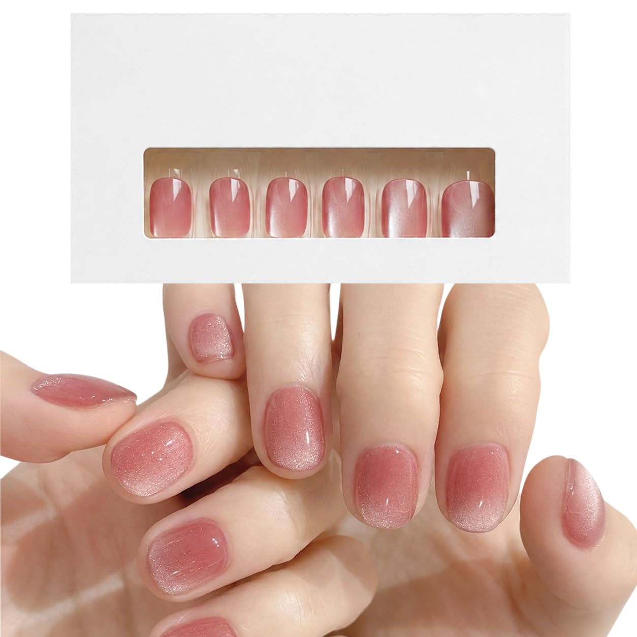 S.A.V.I Short Square Press on Nails Blush Rose Cat Eye Finish 24 Pcs