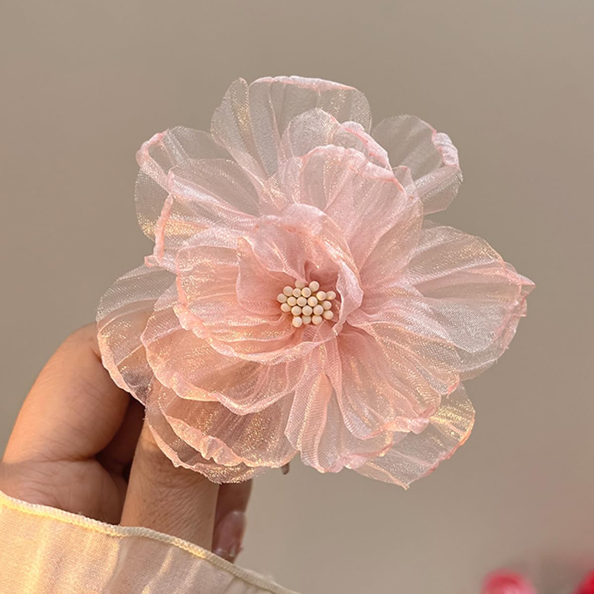 S.A.V.I Baby Pink Organza Flower Hair Clip for Girls & Women, 9 cm Large Floral Alligator Barrette, Soft Mesh Blossom Hair Accessory for Party, Wedding, Korean Style Hairstyles