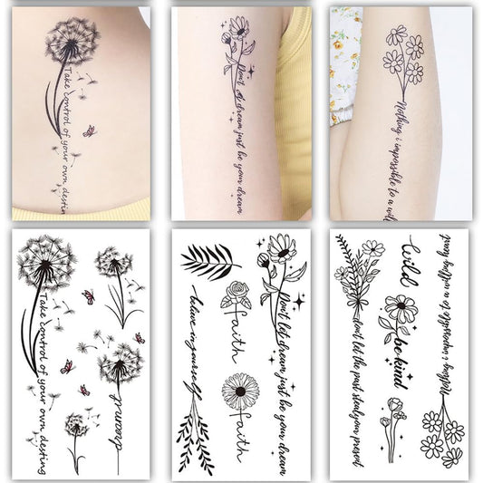 S.A.V.I 3 Pcs Floral Temporary Tattoo Stickers for Women & Girls – Safe Non-Toxic, Black Ink, Long Lasting, Waterproof, 16x9 cm, Dandelion & Flower Designs, Easy to Apply for Arms, Neck & Back (08)