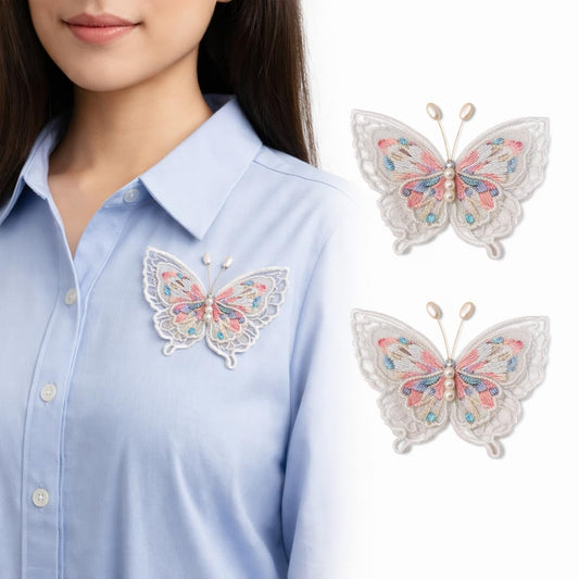 S.A.V.I White & Orange Butterfly Embroidered Sew-On Appliqué Patch Pair 6.5 x 6 cm | Pearl Beaded Lace Fabric Motifs for Dresses, Blouses, Sarees & DIY Craft Decor (Orange)