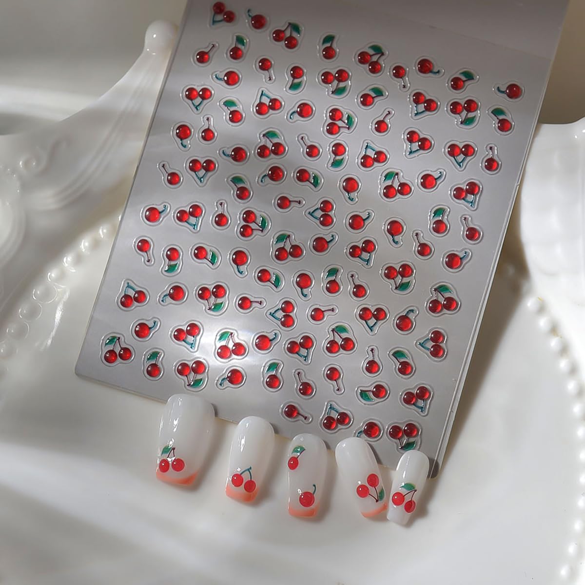 S.A.V.I 1 Sheet - 3D Jelly Cherry Nail Stickers 10x8 cm | Bright Red Cute Fruit Design | Self Adhesive DIY Nail Art Decals | Glossy Resin Manicure Accessories for Women & Girls