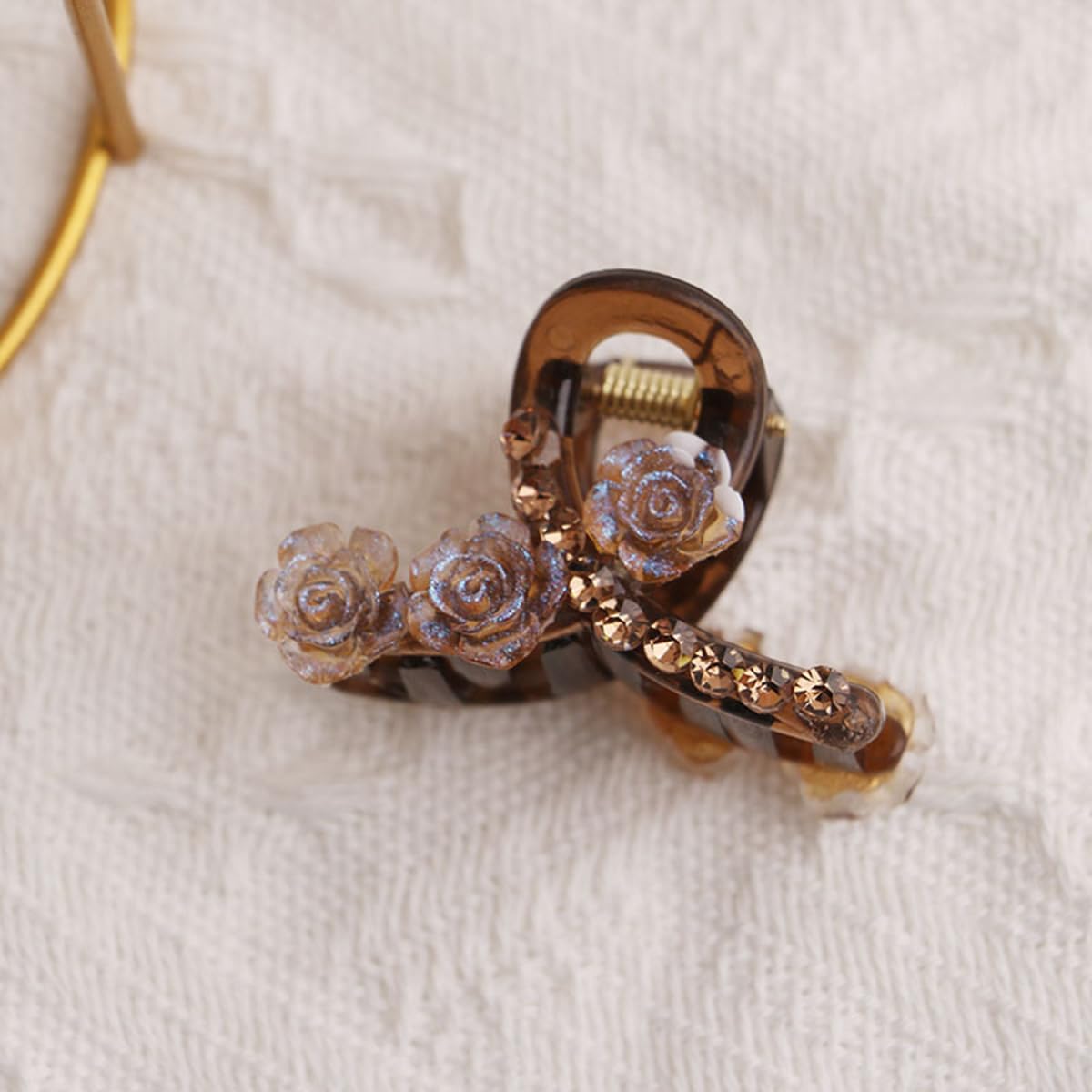 S.A.V.I Mini Brown Hair Claw Clip for Women & Girls – Small Rose Flower Crystal Design – Elegant Decorative Hair Accessory – Stylish Strong Grip Hair Holder for Daily Use & Party