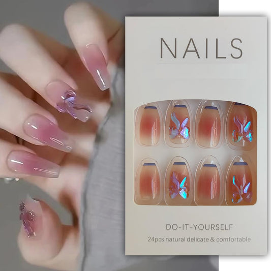 S.A.V.I 24 PCS - 3D Crystal Coffin Nails Medium, Press-On, Reusable with Glue  Tape
