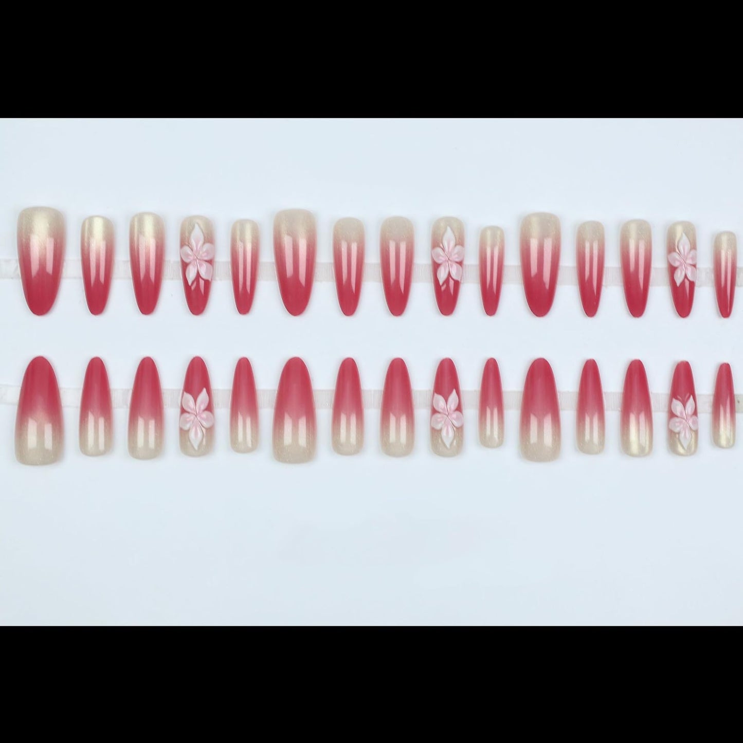 S.A.V.I 30 Pcs Long Almond Press On Nails, Pink Gradient Cat Eye Glossy Finish, 3D Floral Acrylic False Nails, Reusable Artificial Nails with Glue & Adhesive Tabs