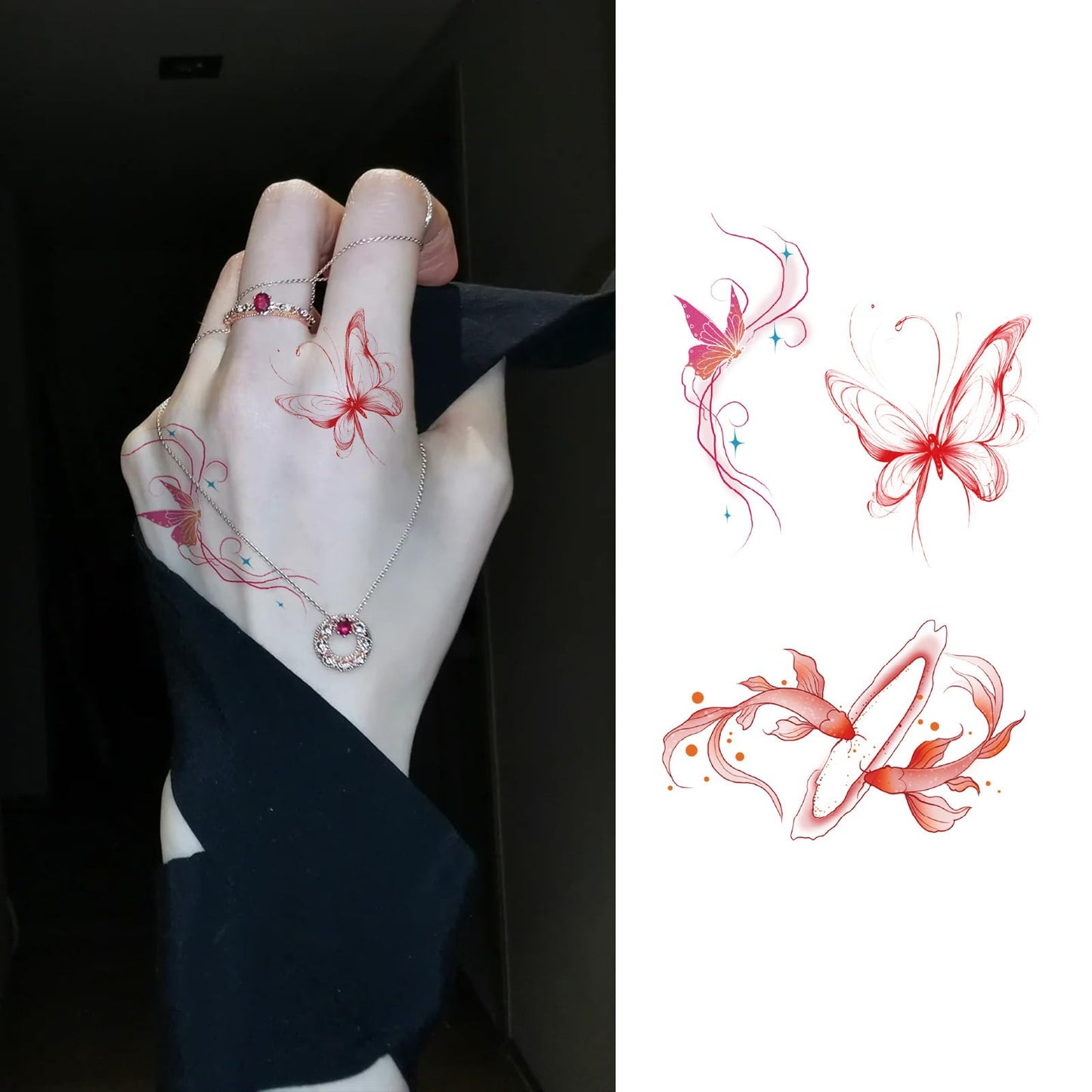 S.A.V.I Red Butterfly & Floral Fine-Line Temporary Tattoo Sticker | Durable Waterproof Non-Toxic Body Art for Hand/Arm/Finger | 1 Pc Easy Apply & Remove Trendy Fashion Accessory for Women & Girls (63)