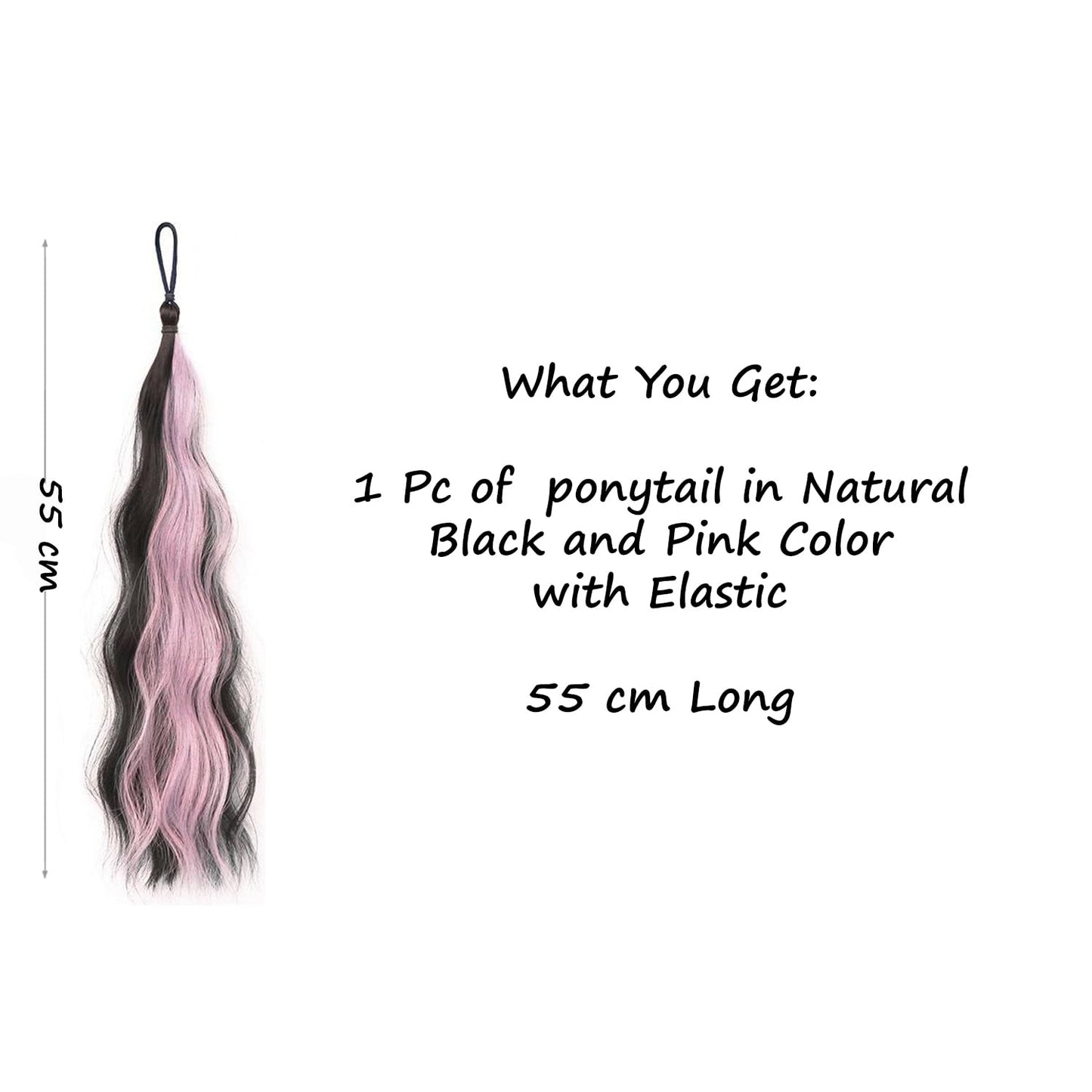 S.A.V.I Black & Pink Highlight Ponytail Hair Extension for Women & Girls | 55 cm Wavy Synthetic Clip-On Hairpiece with Elastic Band | Braiding Pony Tail for Party, Cosplay & Daily Styling