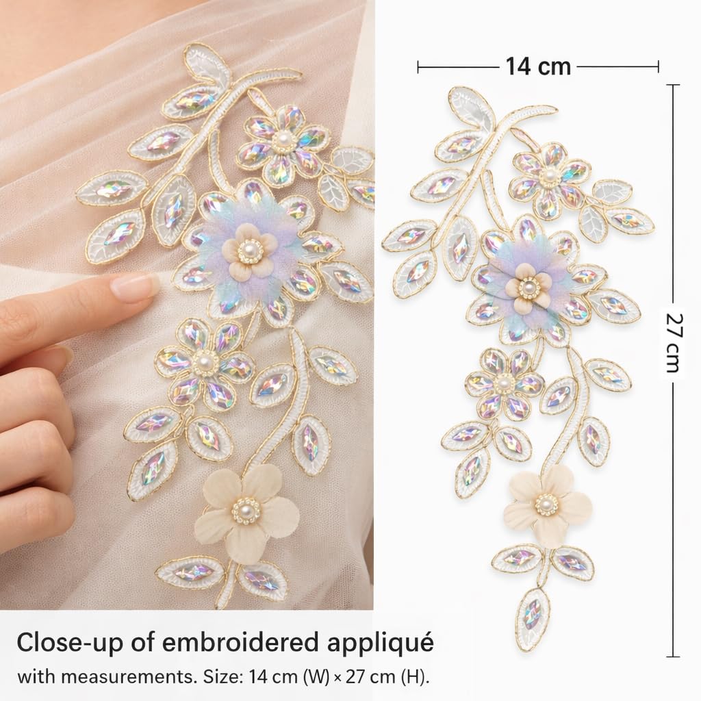 S.A.V.I Platinum Pastel Lavender Floral Vine Embroidered Applique Sew-On Patch, 27 x 14 cm, Beaded Pearl & Stone Work for Ethnic, Bridal & Evening Crafting (Right, Platinum, OneSize)