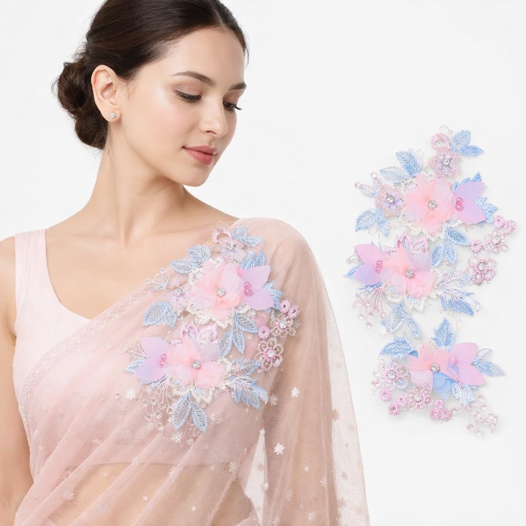 S.A.V.I Pastel Floral Embroidered Sew-On Appliqué Patch 20 x 29 cm, 3D Organza Flowers with Beads & Pearl Work, Leaf Design for Blouse, Gown, Saree, Kurti & DIY Craft (Left)
