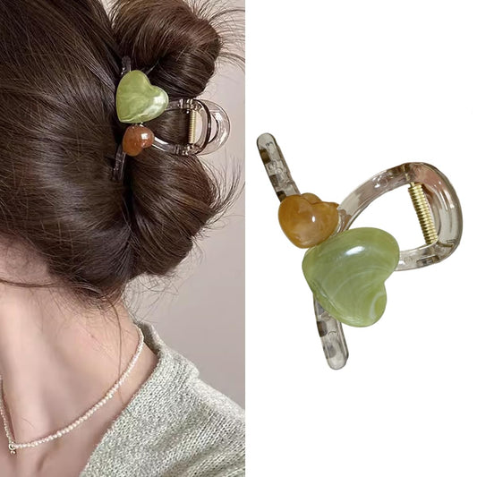 S.A.V.I Trendy Acrylic Hair Claw Clip for Women & Girls – Green & Brown Heart Design Clutcher, 8cm Medium Size – Strong Grip Stylish Hair Accessory for Daily & Party Look